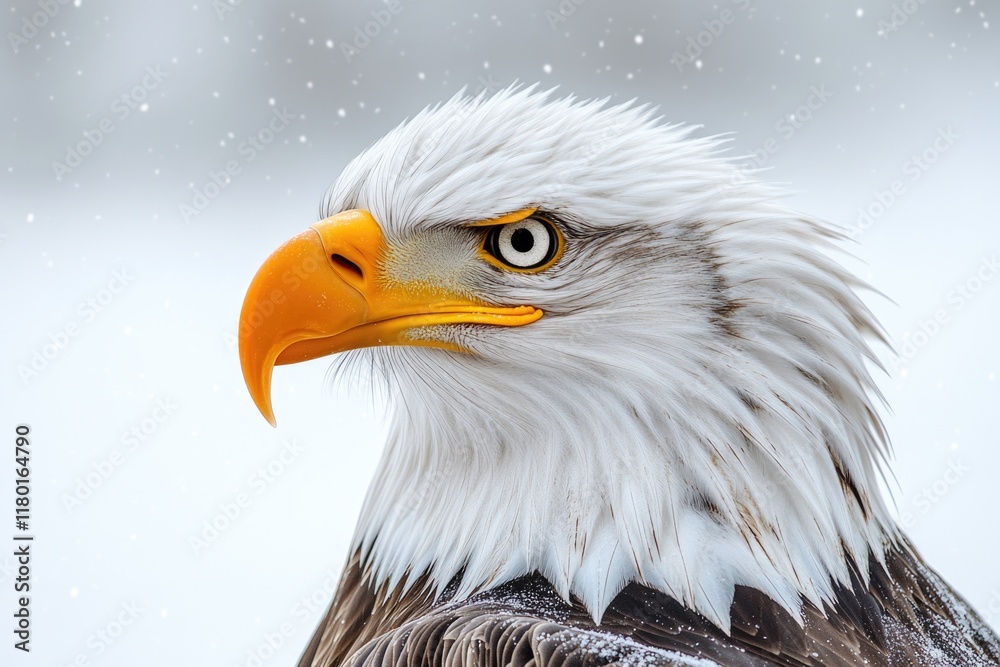 Poster a close-up view of a bald eagle in snowy surroundings