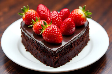 Heart-Shaped Chocolate Cake with Strawberries. A rich heart-shaped chocolate cake topped with fresh strawberries, perfect for Valentine's Day celebrations or romantic occasions.