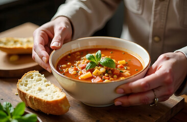Bowl of Vegetable Soup with Bread. Warm vegetable soup garnished with fresh basil, served with crusty bread, perfect for cozy Valentine's Day meal