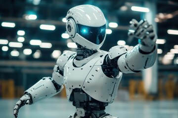 Advanced humanoid robot with glowing eyes in a high-tech environment engages in motion