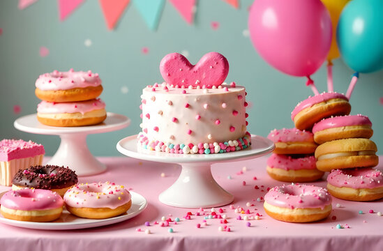 Valentine's Day Desserts Table with Cake and Donuts, A festive Valentine's Day dessert table featuring a heart-themed cake, pink donuts, cupcakes, and colorful decorations.