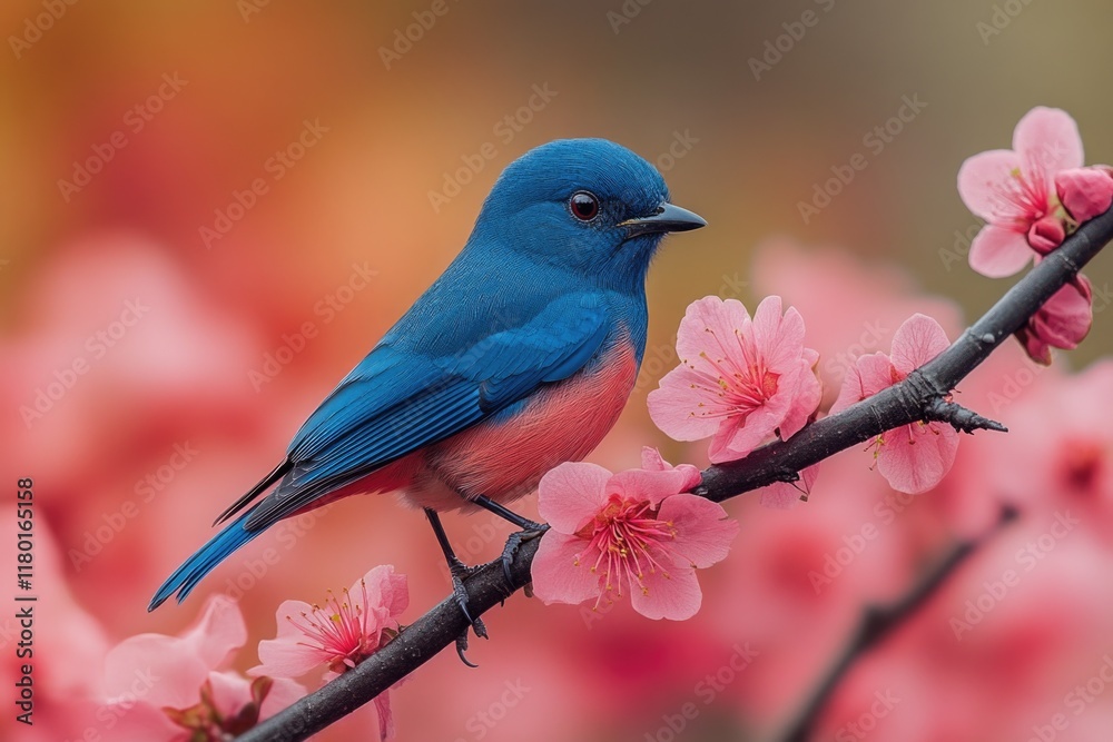 Poster a small blue bird perched on the branch of a tree, with green leaves and branches in the background