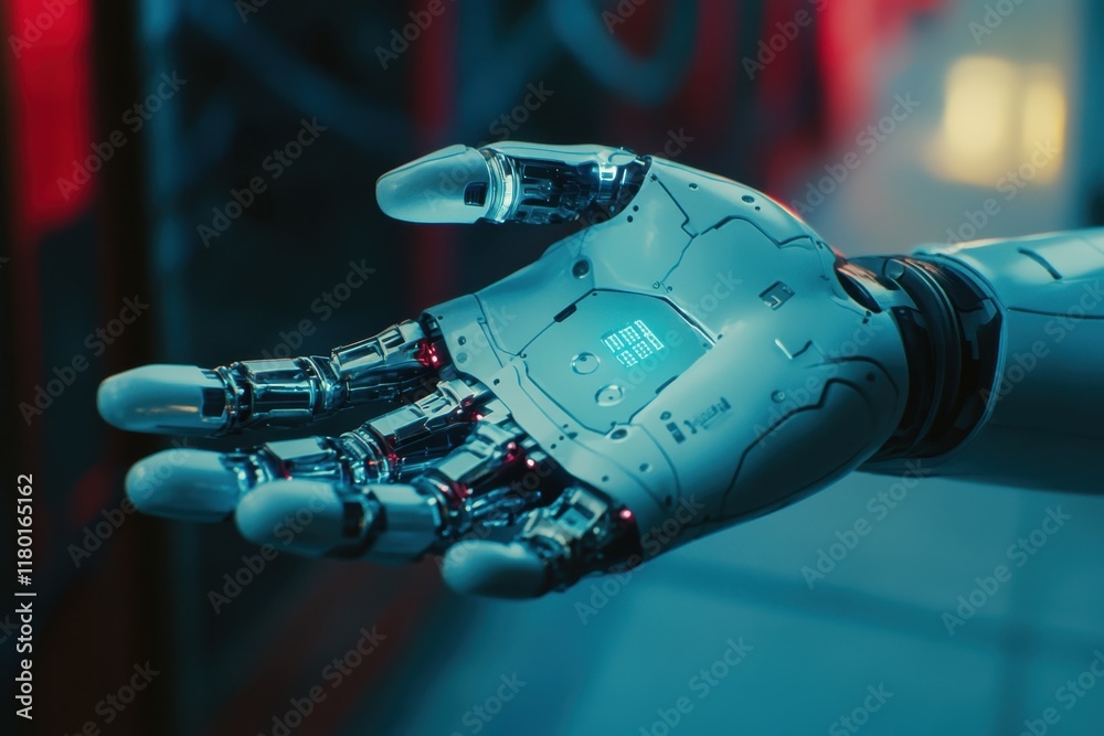 Poster robotic hand displaying advanced technology in a futuristic lab environment