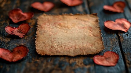 Rustic Love Note: A vintage paper note card on weathered wood, surrounded by delicate red hearts. Perfect for romantic messages, heartfelt quotes, and crafting heartwarming invitations. 