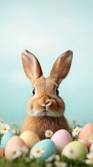 A playful Easter background with a bunny peeking out from a pile of colorful eggs surrounded by soft green grass and scattered daisies 