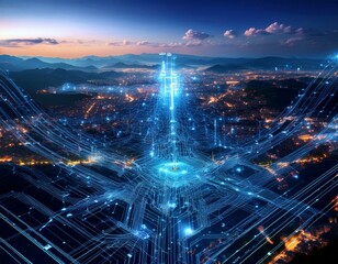 Obraz premium Digital Landscape with Interconnected Nodes and Circuits
