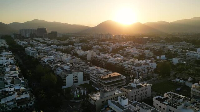 Aerial View of Luxury Apartment Buildings in Recreio dos Bandeirantes Region in Rio de Janeiro With Sunset Over Hills