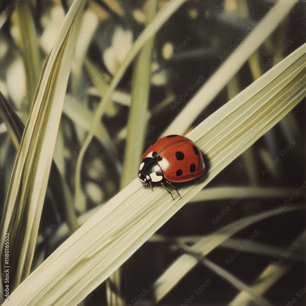 Poster a small ladybug sits on a single blade of grass