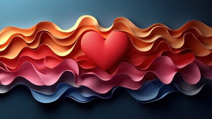 Heartfelt Waves: Abstract 3D Render of a Red Heart nestled in Colorful, Wavy Layers 