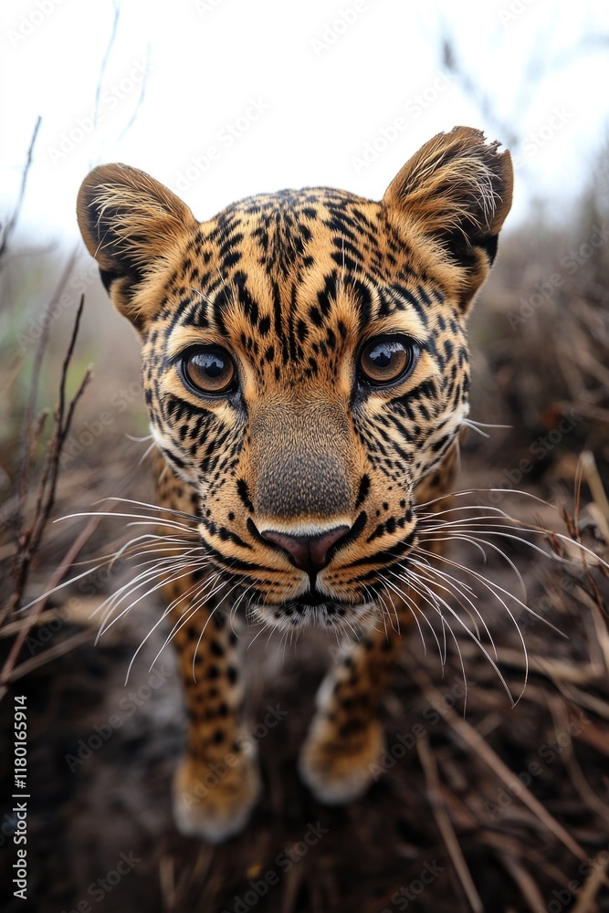 Aufkleber a close-up shot of a leopard's face looking directly at the camera