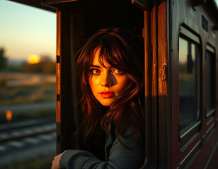 close up shot of a woman with brown hair leaning out the window of a train, captured in the golden light of the setting sun