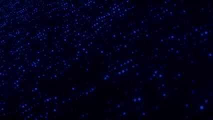 Dark blue abstract digital  shining background with chaotically moving glowing light  particles and lines. Fututustic technology  shine wave  magical backdrop. 