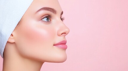Fototapeta premium Close-up of woman with glowing skin, side profile of young female, pink background, natural beauty and skincare concept, healthy radiant complexion, soft makeup look