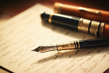 Fototapeta premium Golden fountain pen is lying on a handwritten letter, with other pens out of focus in the background, creating a vintage atmosphere