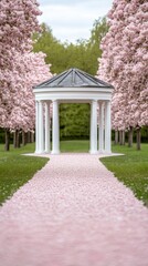 Obraz premium A romantic spring background featuring a white gazebo surrounded by blossoming trees and a pathway lined with pink flower petals 