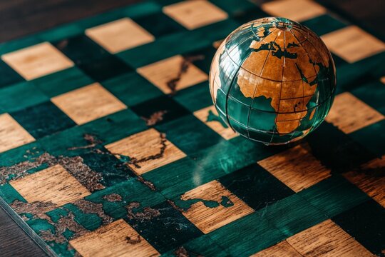 Unique chessboard featuring a globe design, showcasing detailed continents on wooden and green squares