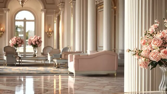 Palatial Interior with Pink Roses and Elegant Decor