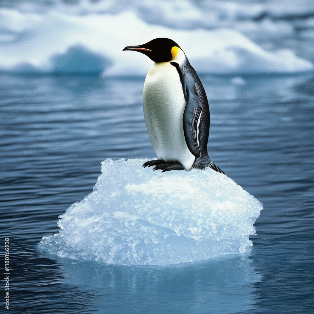 Poster a penguin perched on the edge of an iceberg, isolated in nature