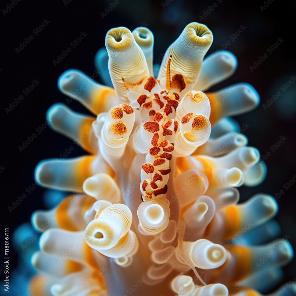 Poster a close-up view of a colorful sea anemone, with its tentacles spread out