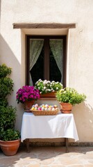 Naklejka premium A rustic Easter courtyard in Tuscany Italy with terracotta pots of blooming flowers a small table set with Easter treats and a basket of painted eggs 