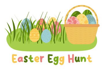 Decorative Easter eggs on green grass and basket, vector illustration. Easter Egg Hunt.