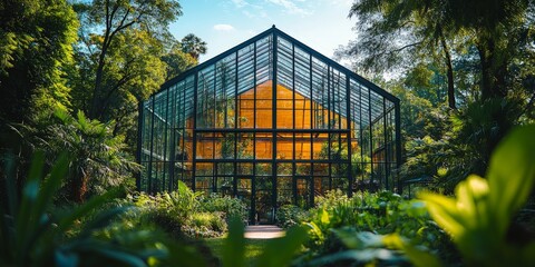 Fototapeta premium Modern glass office building surrounded by lush green trees, emphasizing sustainability and eco-friendliness. Ideal for architecture, environmental, and corporate projects.