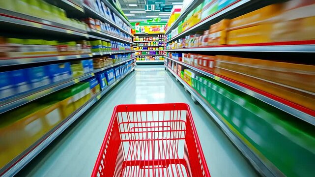 A vibrant scene unfolds featuring a blurry supermarket aisle, viewed from a speeding shopping cart. The bustling atmosphere emphasizes a common shopping spree experience. The shot captures the rush,