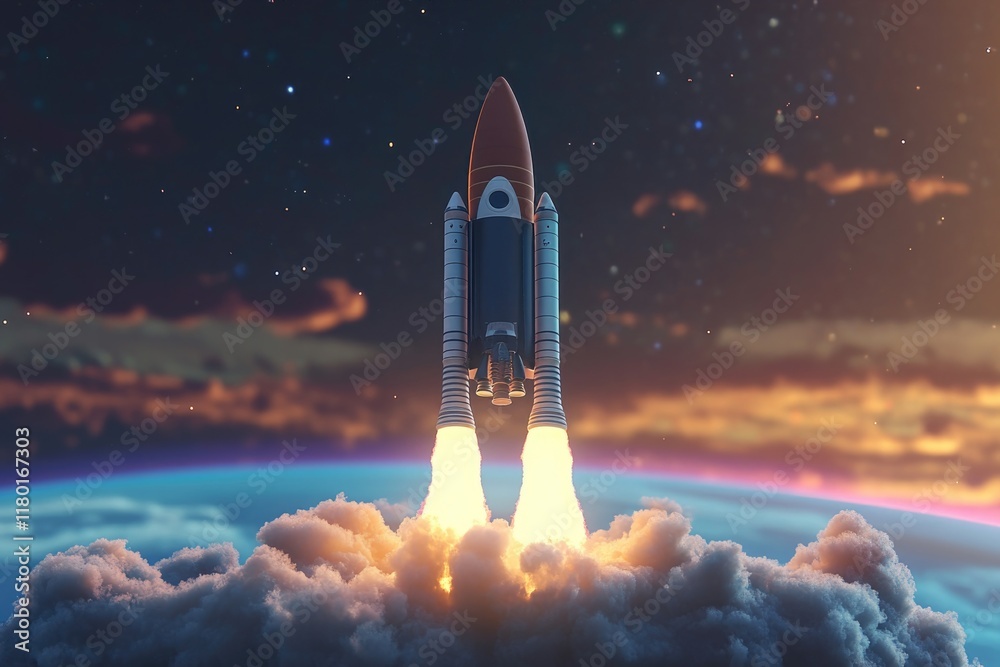 Poster a space shuttle flying high in the sky with clouds below