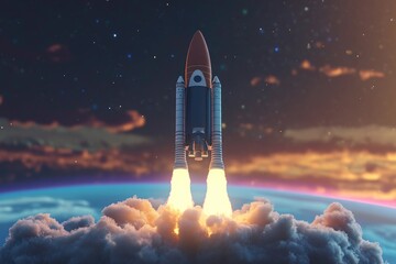 A space shuttle flying high in the sky with clouds below