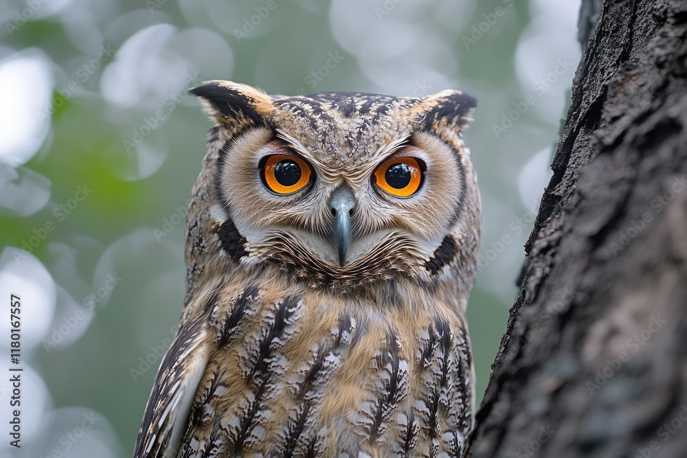 Poster close-up photo of an owl sitting on a tree branch, looking straight into the camera