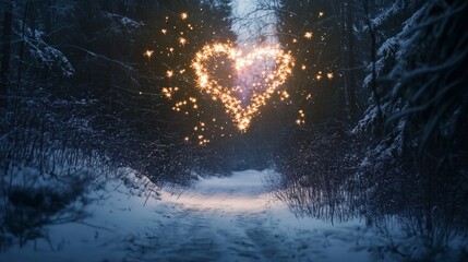 Fototapeta premium A snowy forest path with a heart-shaped firework display in the sky above