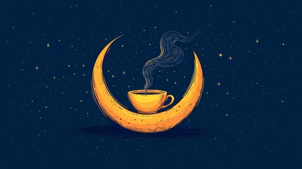 Naklejka premium Crescent moon icon with steaming tea bedtime ritual symbol