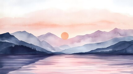 Serene Watercolor Landscape Sunset Over Misty Mountains