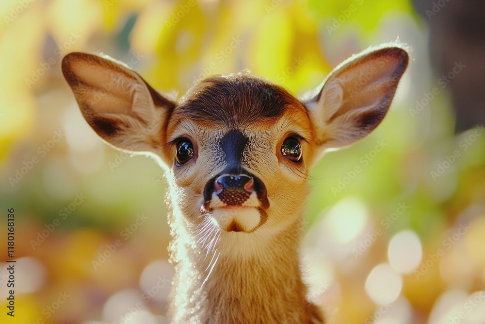 Poster Close-up photo of a deer's face with trees in the background