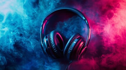 Fototapeta premium Headphones in a vibrant blue and pink gradient background