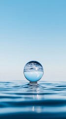 A serene World Water Day background featuring a crystal clear droplet of water reflecting the Earth set against a gradient blue sky with rippling waves 