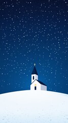 Fototapeta premium A serene winter wonderland Christmas background with a snow covered landscape a glowing church in the distance and twinkling stars in the night sky 