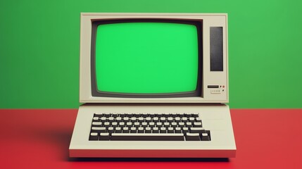 Retro computer with green screen and keyboard