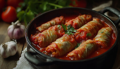 Traditional Balkan Serbian dish sarma, in a rustic pot
