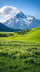 Fototapeta premium A spring mountain backdrop with rolling green hills colorful wildflowers and snow capped peaks under a warm sunny sky 