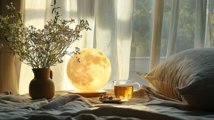 Minimalist bedside setup with moon lamp and calming elements