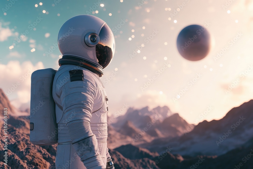 Poster astronaut stands by mountain, possibly on mars or another planet