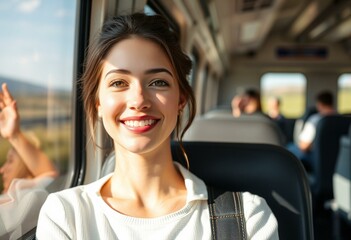 Portrait of a smiling female passenger on a train