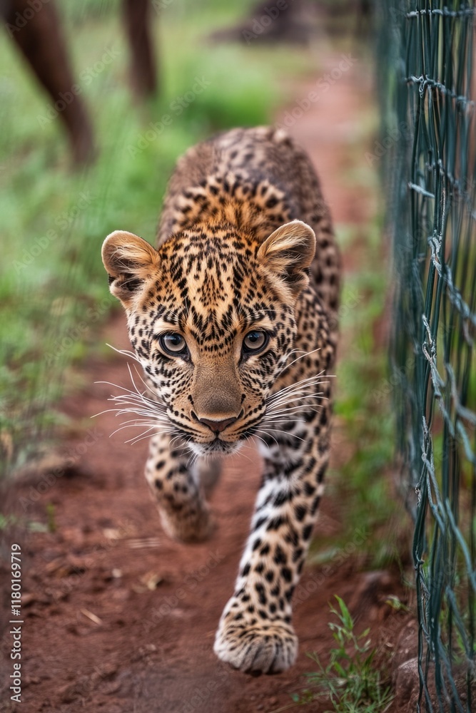 Poster A leopard walks along a dirt path next to a fence in a natural setting