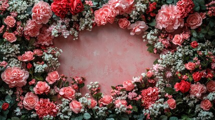 Floral Heart: A heart shaped frame made of beautiful pink roses, carnations and eucalyptus leaves. Perfect for a wedding, anniversary, or valentine's day card.  