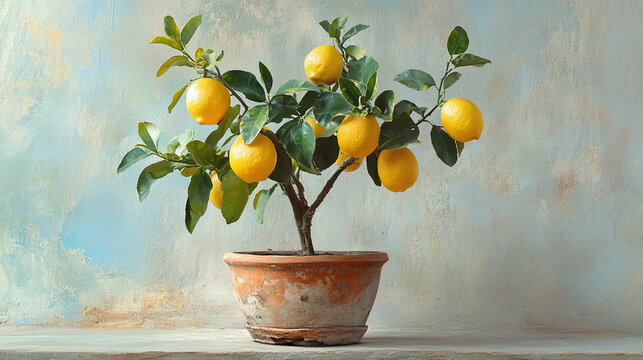 Small lemon tree fruit plant with yellow lemons hanging, placed in a pot isolated on a white background. citrus summer fruit branch, garden agriculture growing of mediterranean foods.