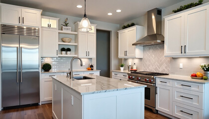 Fototapeta premium Modern kitchen interior with stainless steel appliances