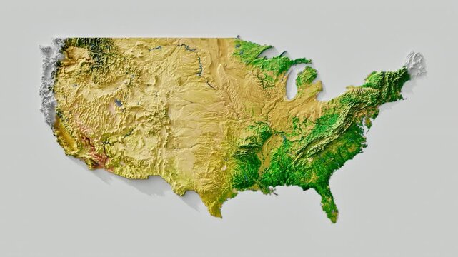 Layered view of a detailed topographic map of the USA.  Height, mountains, plains, rivers, and natural landscapes.  