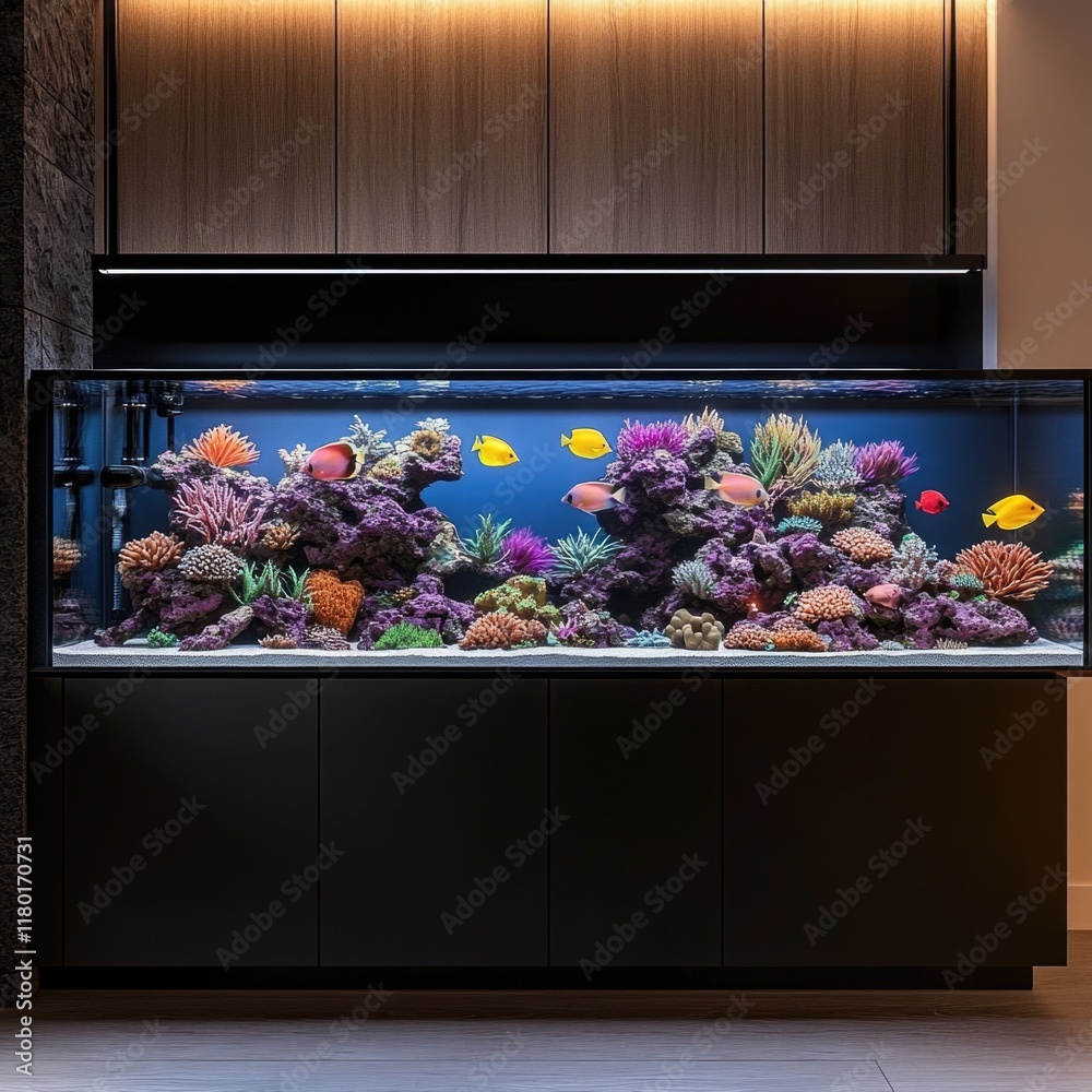 Poster a close-up view of a fish tank with different types of fish swimming inside