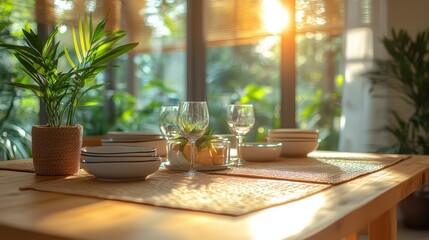 A bright and airy dining room with a wooden table, dishes, and glasses, with a central area left blank for text or a quote